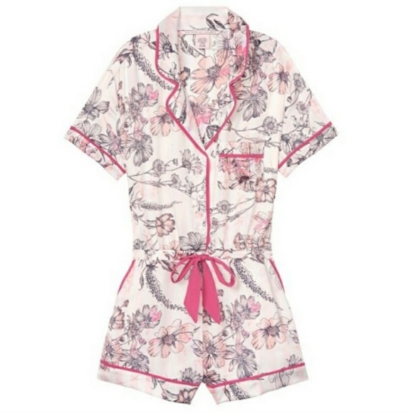 Victoria's Secret Other - Victoria’s Secret Satin Waist Floral Tie Romper Pajamas
